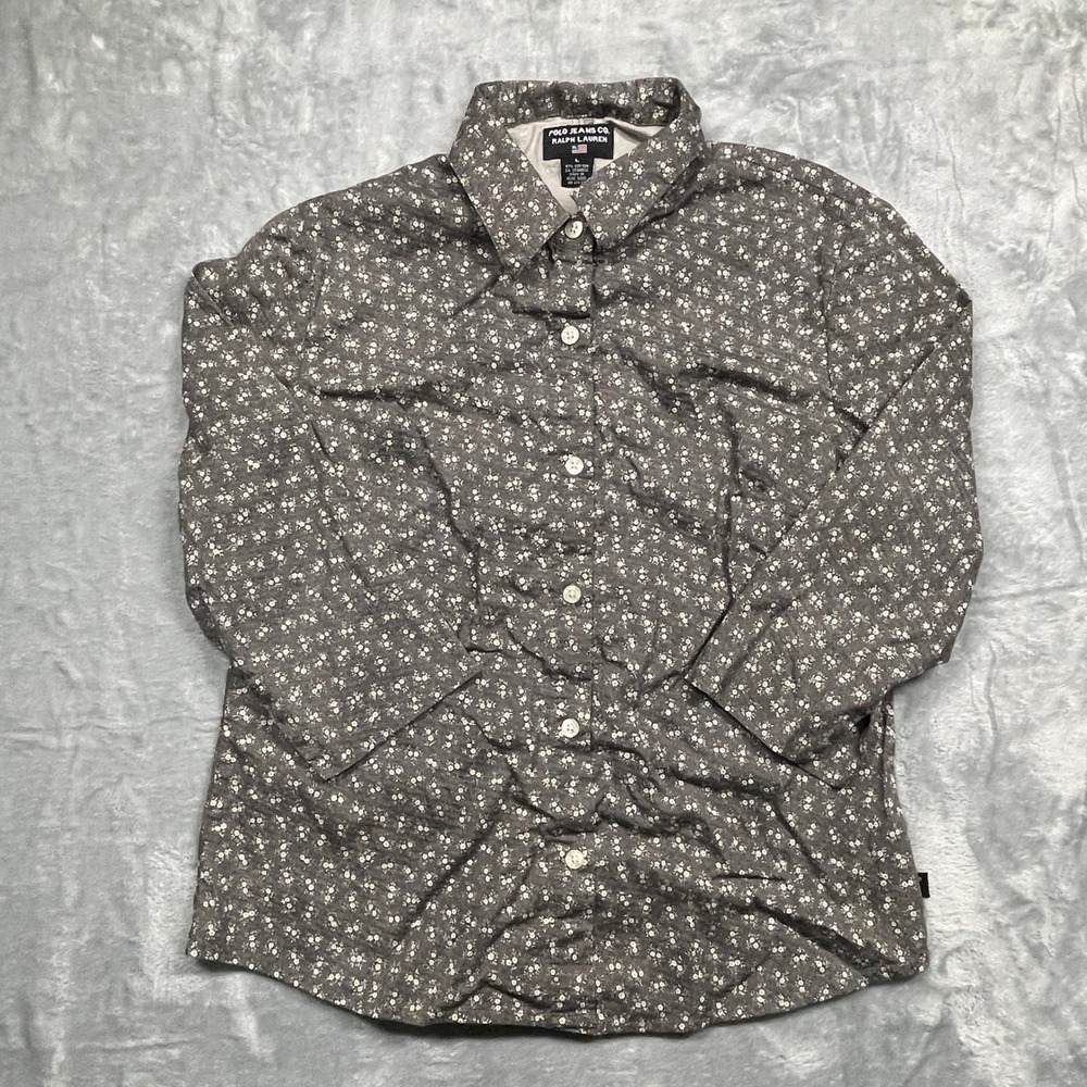 Polo Jeans Co Ralph Lauren Button up Women Large‎ Gray Floral Ditsy 3/4 Sleeve